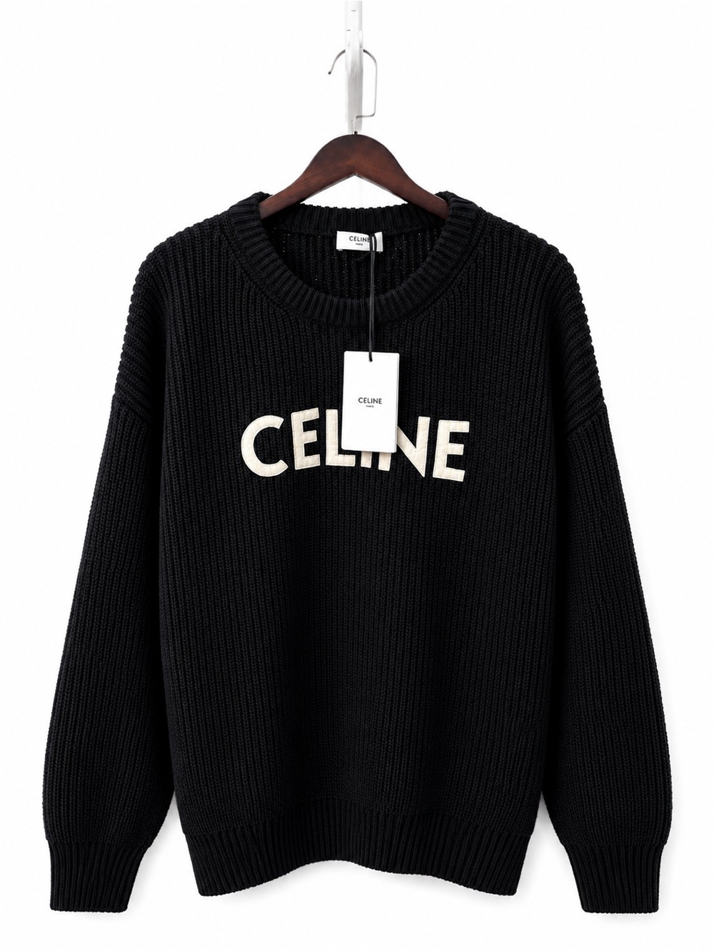 Celine Black Crewneck Sweater with Cream Logo